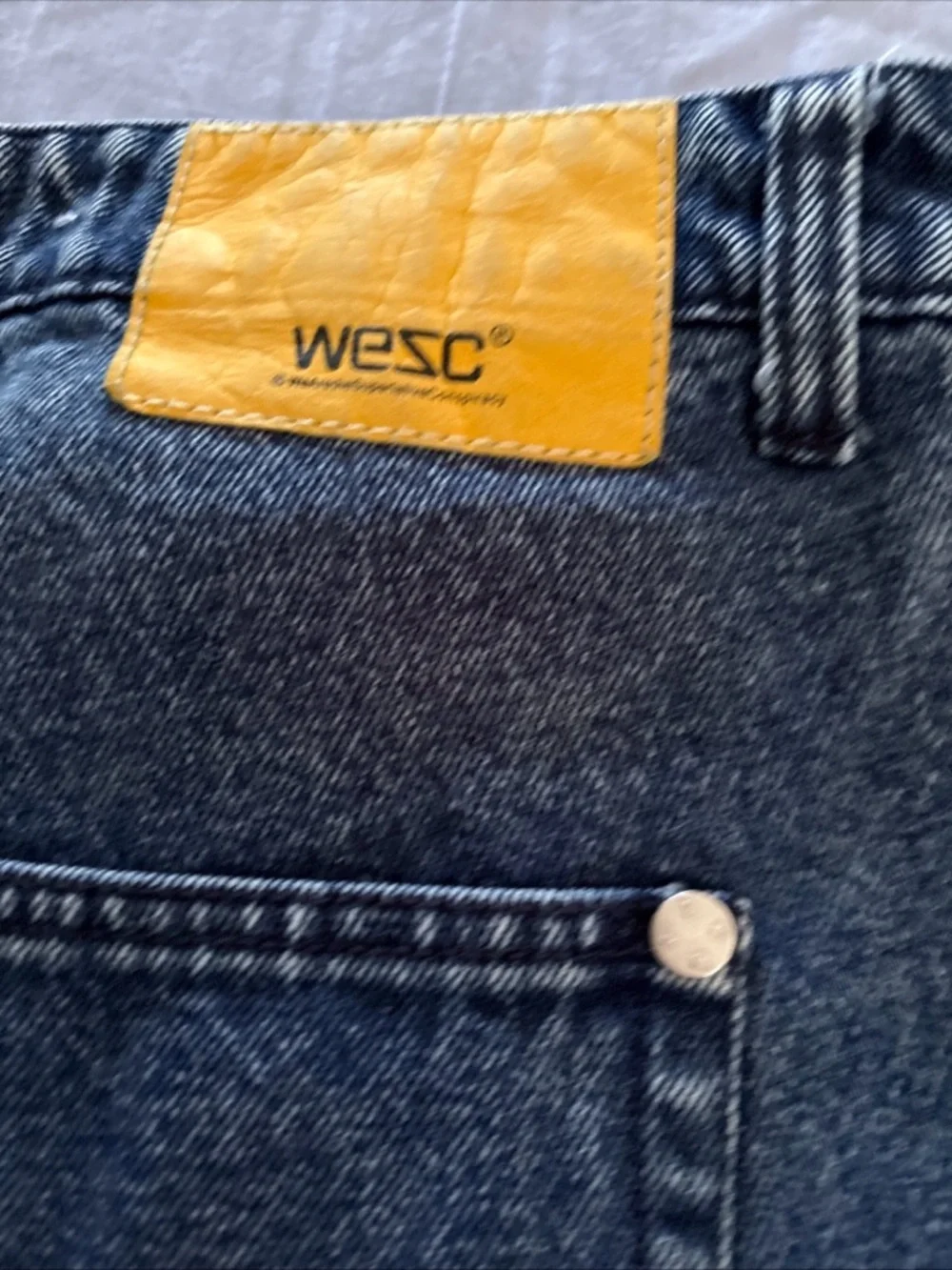 Wesc Men's  Jeans - Dark Blue Denim with Yellow Patch - Picture 2 of 7